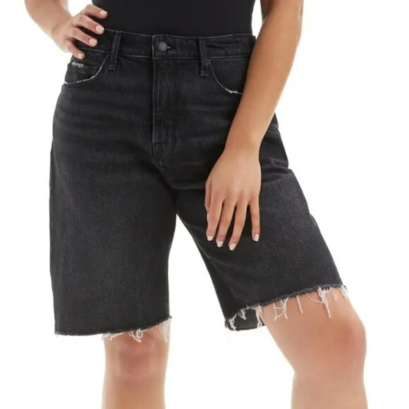 Good American 90's Bermuda cut-off denim black long jean shorts frayed new 27 4 - Picture 1 of 5